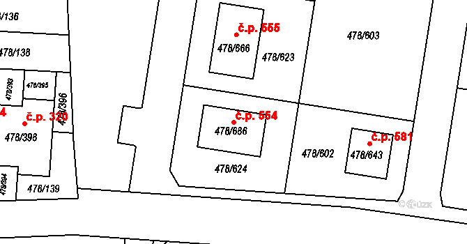 Roudné 554 na parcele st. 478/686 v KÚ Roudné, Katastrální mapa