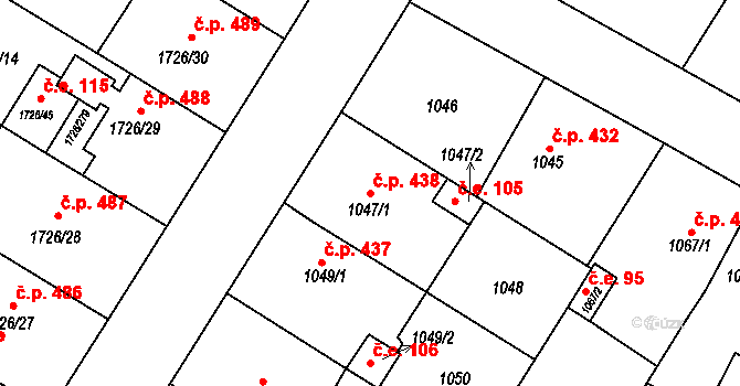 Hrušovany u Brna 438 na parcele st. 1047/1 v KÚ Hrušovany u Brna, Katastrální mapa