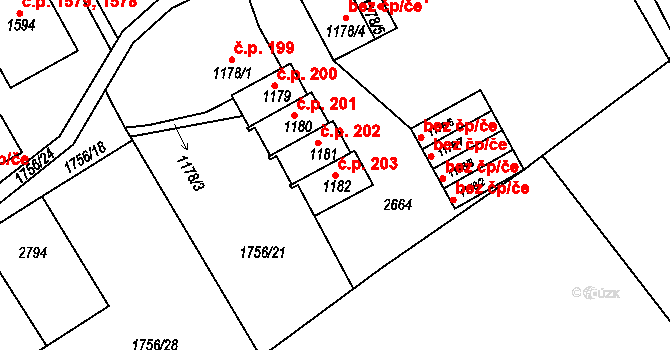 Tišnov 203 na parcele st. 1182 v KÚ Tišnov, Katastrální mapa