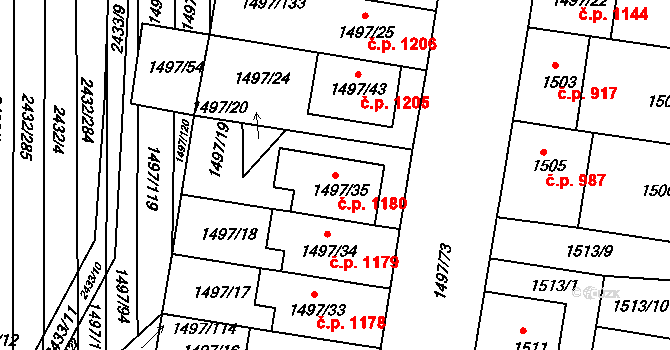 Ratíškovice 1180 na parcele st. 1497/35 v KÚ Ratíškovice, Katastrální mapa