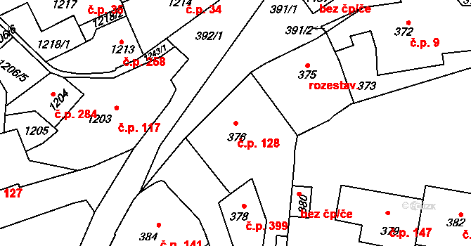 Buštěhrad 128 na parcele st. 376 v KÚ Buštěhrad, Katastrální mapa