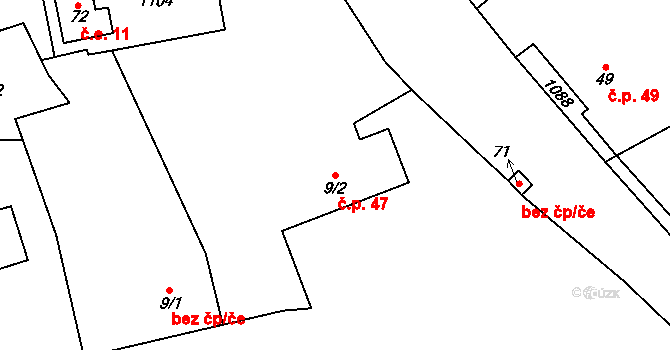 Olbramov 47 na parcele st. 9/2 v KÚ Olbramov, Katastrální mapa