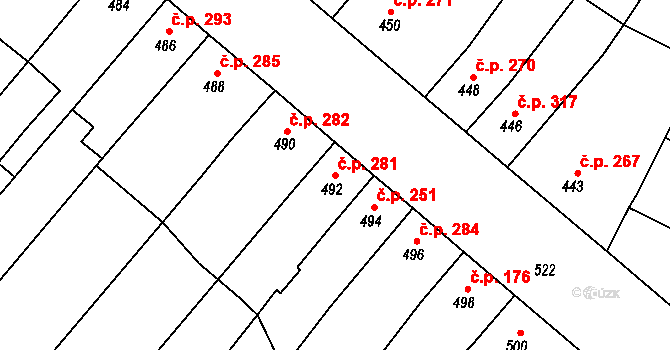 Majetín 281 na parcele st. 492 v KÚ Majetín, Katastrální mapa