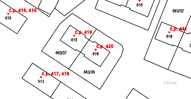 Milovice 420 na parcele st. 616 v KÚ Milovice nad Labem, Katastrální mapa