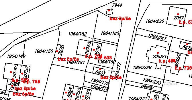 Borovina 508, Třebíč na parcele st. 2074/1 v KÚ Třebíč, Katastrální mapa