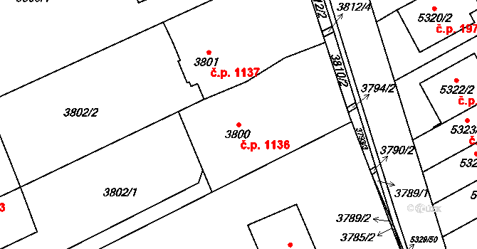 Řečkovice 1136, Brno na parcele st. 3800 v KÚ Řečkovice, Katastrální mapa