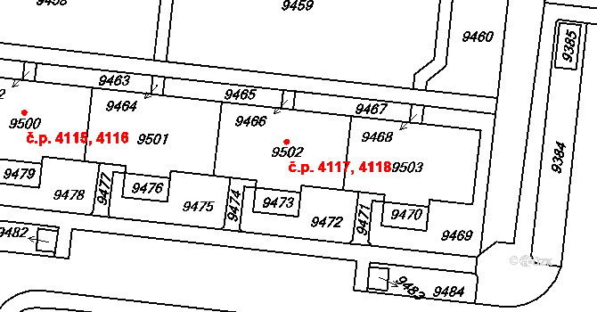 Židenice 4117,4118, Brno na parcele st. 9502 v KÚ Židenice, Katastrální mapa