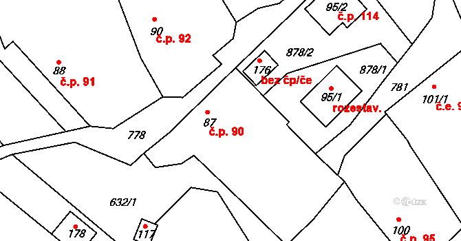 Drahobudice 90 na parcele st. 87 v KÚ Drahobudice, Katastrální mapa