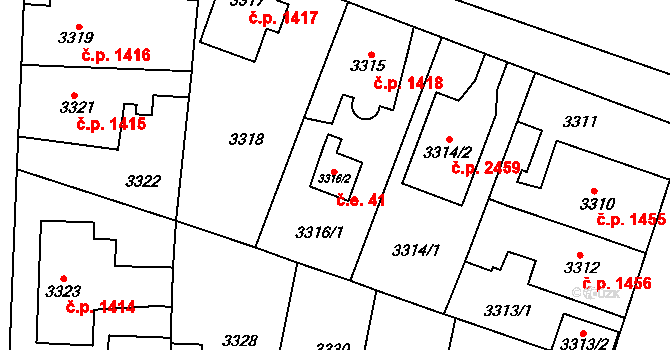 Horní Počernice 41, Praha na parcele st. 3316/2 v KÚ Horní Počernice, Katastrální mapa