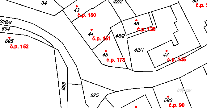 Lipence 173, Praha na parcele st. 45 v KÚ Lipence, Katastrální mapa