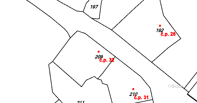 Vinoř 32, Praha na parcele st. 209 v KÚ Vinoř, Katastrální mapa