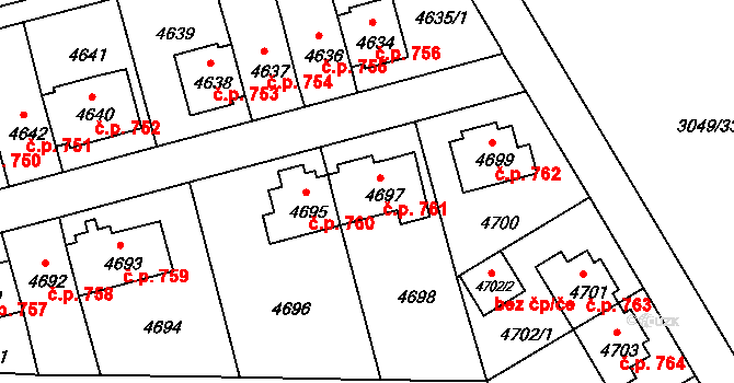 Záběhlice 761, Praha na parcele st. 4697 v KÚ Záběhlice, Katastrální mapa