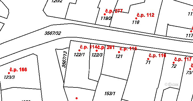 Lomnice nad Lužnicí 281 na parcele st. 122/3 v KÚ Lomnice nad Lužnicí, Katastrální mapa