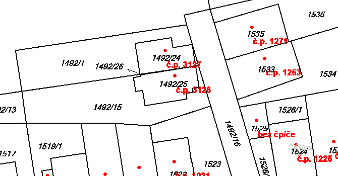 Strašnice 3126, Praha na parcele st. 1492/25 v KÚ Strašnice, Katastrální mapa