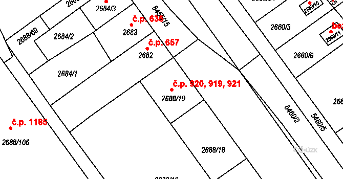 Lobzy 919,920,921, Plzeň na parcele st. 2688/18 v KÚ Plzeň, Katastrální mapa