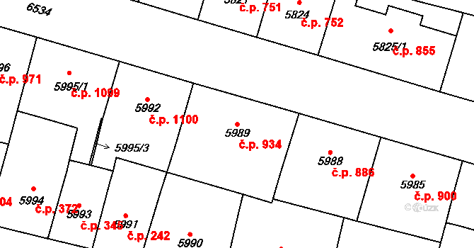 Jižní Předměstí 934, Plzeň na parcele st. 5989 v KÚ Plzeň, Katastrální mapa