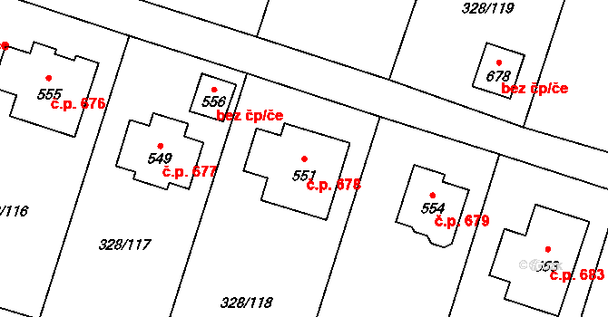 Struhařov 678, Kamenice na parcele st. 551 v KÚ Štiřín, Katastrální mapa