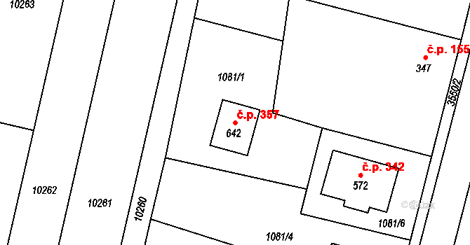Hrabětice 357 na parcele st. 642 v KÚ Hrabětice, Katastrální mapa