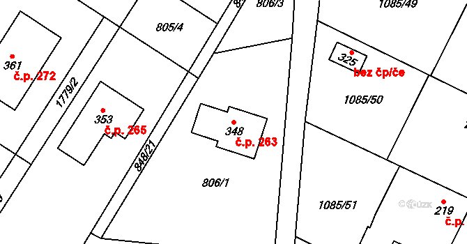 Čečelice 263 na parcele st. 348 v KÚ Čečelice, Katastrální mapa