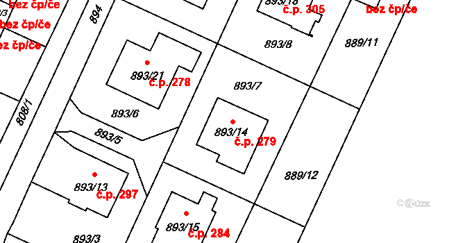 Chuchelná 279 na parcele st. 893/14 v KÚ Chuchelná, Katastrální mapa