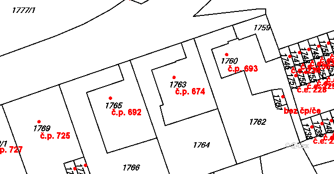 Bučovice 674 na parcele st. 1763 v KÚ Bučovice, Katastrální mapa