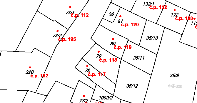 Mouchnice 118 na parcele st. 79 v KÚ Mouchnice, Katastrální mapa