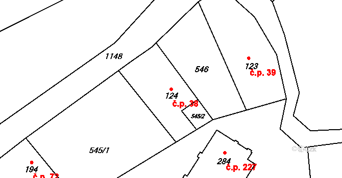 Bohdíkov 38 na parcele st. 124 v KÚ Dolní Bohdíkov, Katastrální mapa