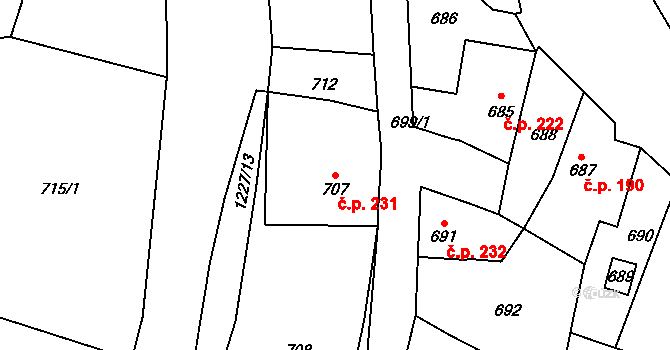 Žulová 231 na parcele st. 707 v KÚ Žulová, Katastrální mapa