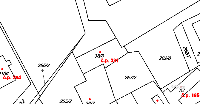 Brunšov 331, Hradištko na parcele st. 38/8 v KÚ Hradištko pod Medníkem, Katastrální mapa