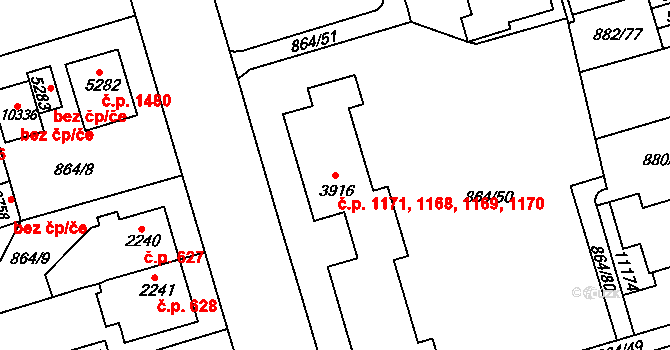 Bílé Předměstí 1168,1169,1170,1171, Pardubice na parcele st. 3916 v KÚ Pardubice, Katastrální mapa