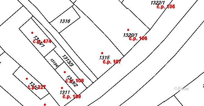 Kunštát 107 na parcele st. 1315 v KÚ Kunštát na Moravě, Katastrální mapa