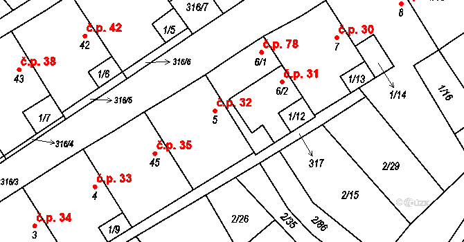 Housko 32, Vysočany na parcele st. 5 v KÚ Housko, Katastrální mapa