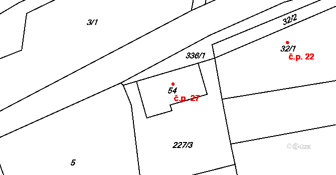 Radimovice 27, Petříkov na parcele st. 54 v KÚ Radimovice u Velkých Popovic, Katastrální mapa
