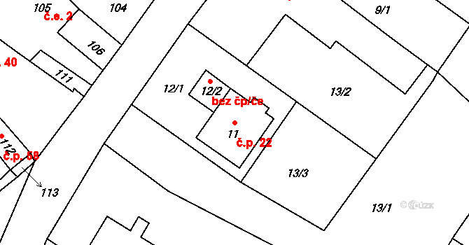 Jestřabí 22, Fulnek na parcele st. 11 v KÚ Jestřabí u Fulneku, Katastrální mapa