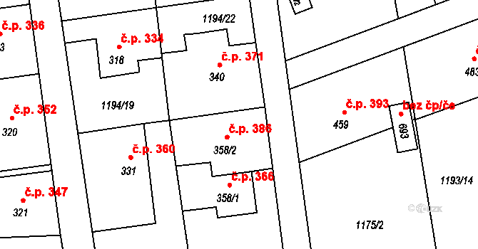 Mořkov 386 na parcele st. 358/2 v KÚ Mořkov, Katastrální mapa