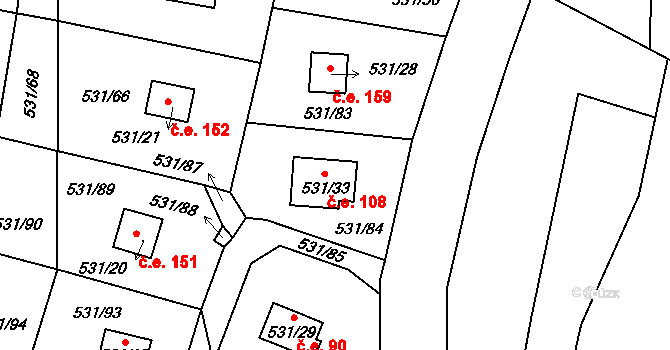 Kovářov 108, Frymburk na parcele st. 531/33 v KÚ Frymburk, Katastrální mapa