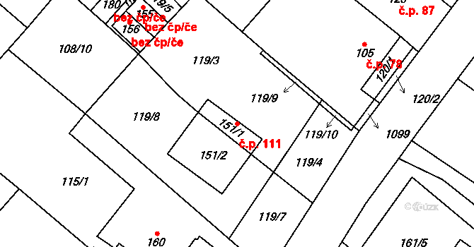 Hlinsko pod Hostýnem 111, Bystřice pod Hostýnem na parcele st. 151/1 v KÚ Hlinsko pod Hostýnem, Katastrální mapa