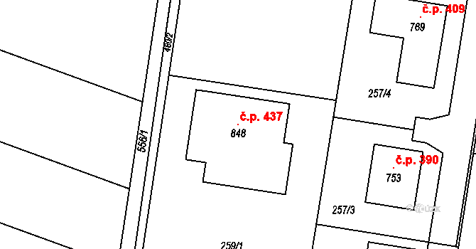 Krasice 437, Prostějov na parcele st. 848 v KÚ Krasice, Katastrální mapa