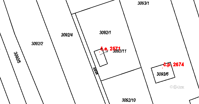 Louny 2571 na parcele st. 3092/11 v KÚ Louny, Katastrální mapa