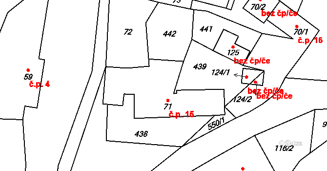 Lomeček 15, Úmonín na parcele st. 71 v KÚ Lomec u Úmonína, Katastrální mapa