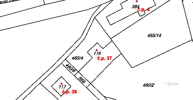 Husinec 37 na parcele st. 116 v KÚ Husinec u Řeže, Katastrální mapa