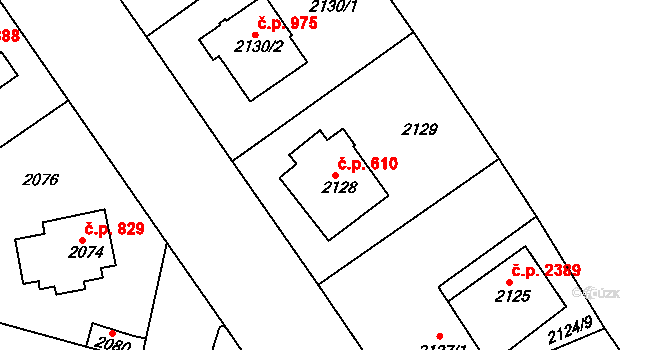 Roztoky 610 na parcele st. 2128 v KÚ Roztoky u Prahy, Katastrální mapa