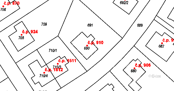 Roztoky 910 na parcele st. 690 v KÚ Roztoky u Prahy, Katastrální mapa