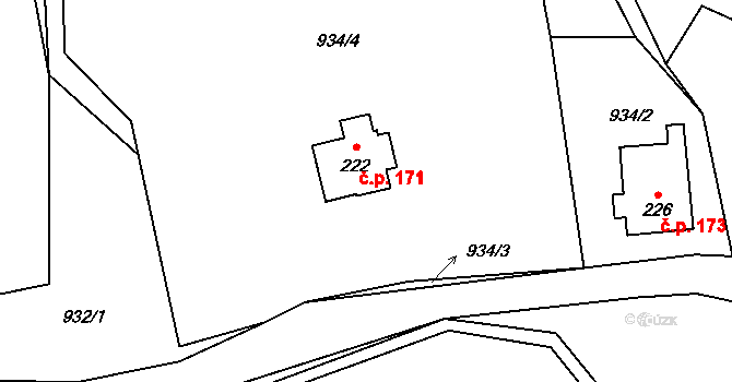Horní Prysk 171, Prysk na parcele st. 222 v KÚ Horní Prysk, Katastrální mapa