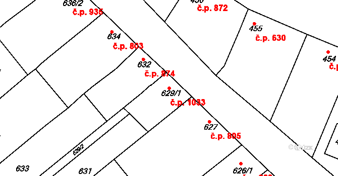 Mistřín 1033, Svatobořice-Mistřín na parcele st. 629/1 v KÚ Mistřín, Katastrální mapa