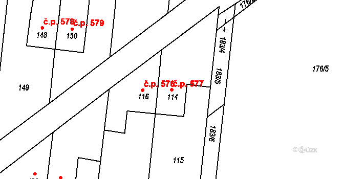 Šardice 577 na parcele st. 114 v KÚ Šardice, Katastrální mapa