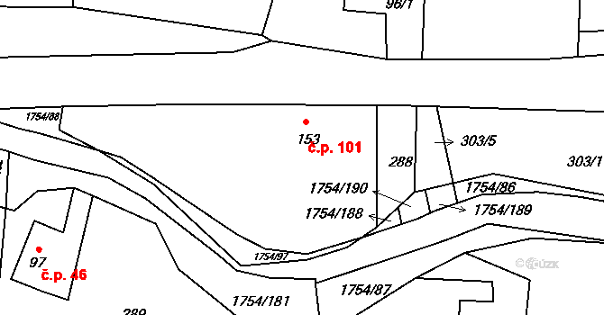 Čaková 101 na parcele st. 153 v KÚ Čaková, Katastrální mapa