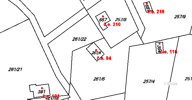 Javorník 94, Čtyřkoly na parcele st. 261/4 v KÚ Čtyřkoly, Katastrální mapa