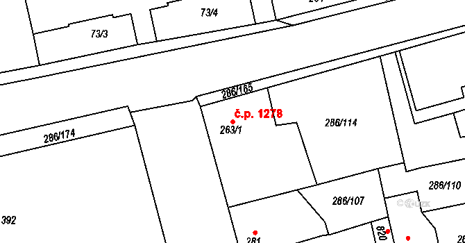 Švermov 1278, Kladno na parcele st. 263/1 v KÚ Hnidousy, Katastrální mapa