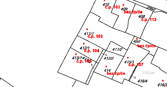 Dačice I 104, Dačice na parcele st. 412/1 v KÚ Dačice, Katastrální mapa